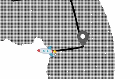 Minimalist monochrome map featuring location marker and rocket icon for nav.. Stock Footage 321590451