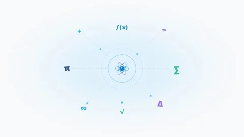 Minimalist motion graphic of rotating math symbols and atomic core. 4K Video stock 342898429