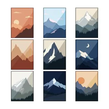 Minimalist mountain landscape collection displaying nature scenes Stock Illustration