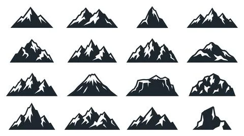 Minimalist mountain range peak silhouette vector icon collection set design Stock Illustration