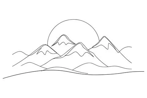 Minimalist mountain range with sun outline landscape Stock Illustration