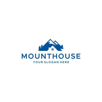Minimalist MOUNTHOUSE peak home tree Logo design Stock Illustration