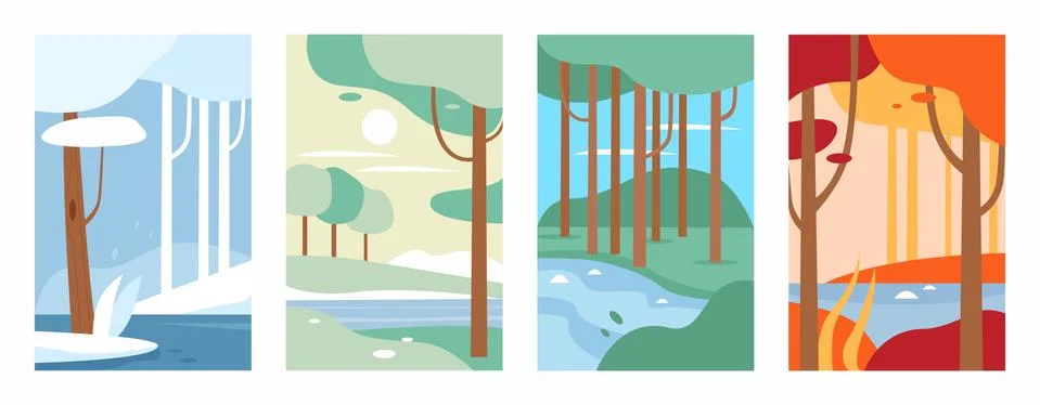 Minimalist nature forest landscape set, abstract natural scenery in vertical Ilustração Stock