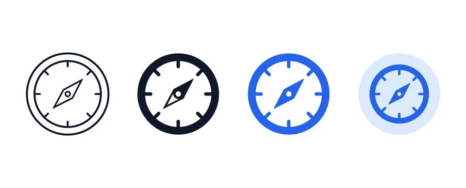 Minimalist navigation compass icon variations rendered in four distinct vis.. Stock Illustration
