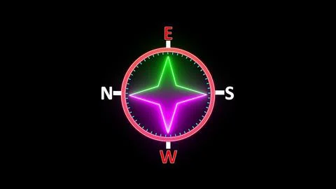 Minimalist neon compass rose with red circular frame and green pink star ce.. Stock Illustration
