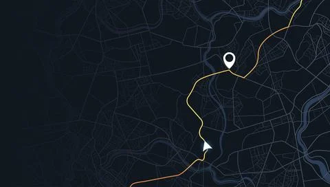 Minimalist night navigation interface with orange drive path. City map Stock Illustration