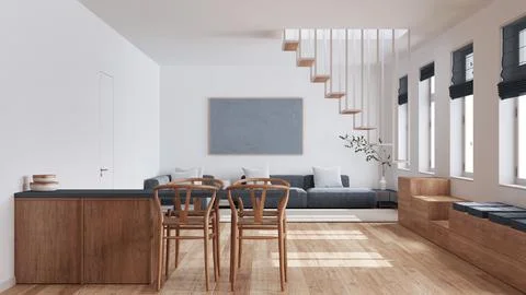 Minimalist nordic wooden kitchen and living room in white and gray tones. S.. Stock Illustration