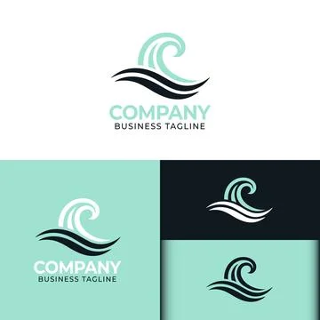 Minimalist Ocean Wave Curl Logo in Teal and Black with Multiple Color Variations Stock Illustration