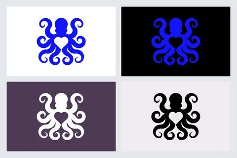 Minimalist Octopus Heart Logo Vector Set Stock Illustration