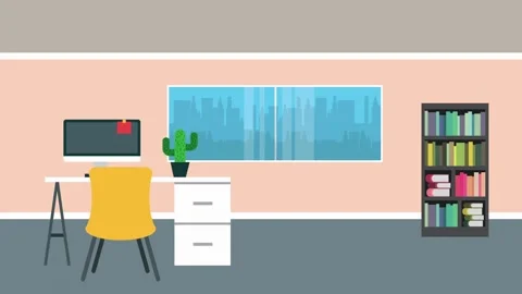 Minimalist office interior with computer and cityscape view desk monitor Stock Footage 320782892