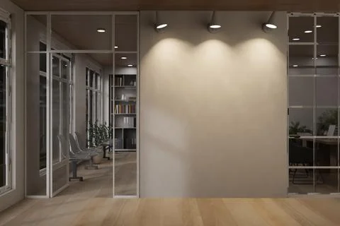 Minimalist office interior with spotlight shinning on empty wall and glass .. Stock Illustration