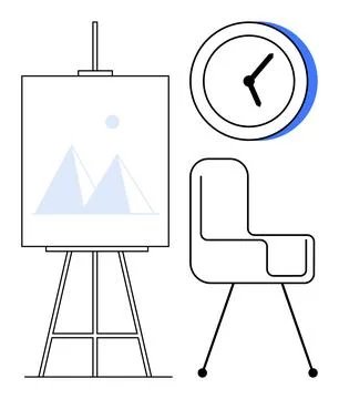 Minimalist Office Setup with Easel, Chair, and Clock for Workspace Inspiration Stock Illustration