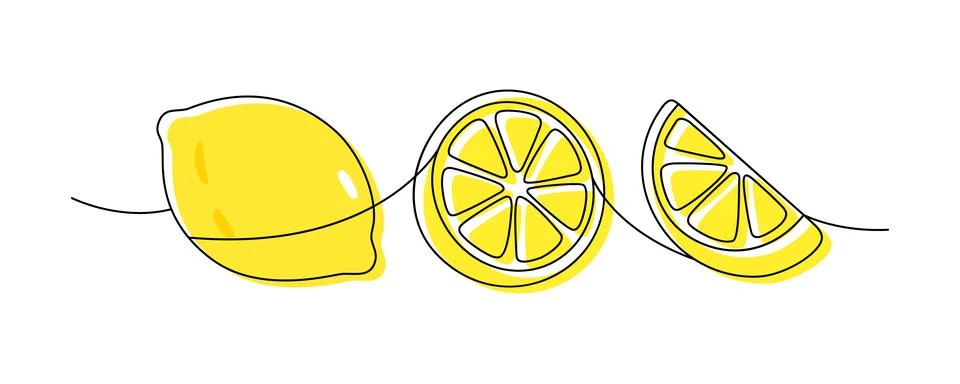 Minimalist one-line lemons. Continuous line art of citrus fruit and slices in Stock Illustration