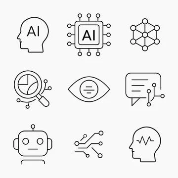Minimalist outline artificial intelligence icon set representing, robotics Stock Illustration