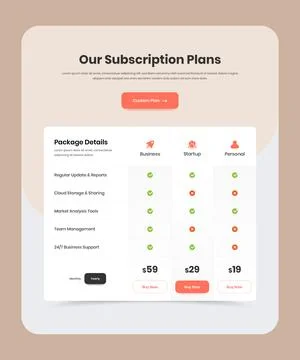 Minimalist package subscription web user interface design with comparison tab Illustrazione stock