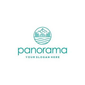 Minimalist panorama mountains tree Logo design Stock Illustration
