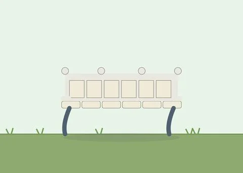 Minimalist park bench illustration with empty display slots, green grass, light Stock-Illustration