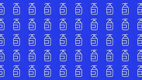 Minimalist pattern of white soap pump dispenser icons on a blue background .. 库存插图