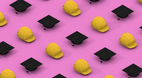 Minimalist pattern with yellow helmets and graduation black caps Stock Illustration