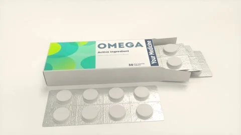 Minimalist Pharmaceutical Packaging With Pills and OMEGA Label in Studio Light Video stock 316627092