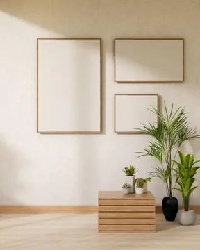Minimalist picture frames are mounted on a white wall in a room featuring i.. 스톡 일러스트
