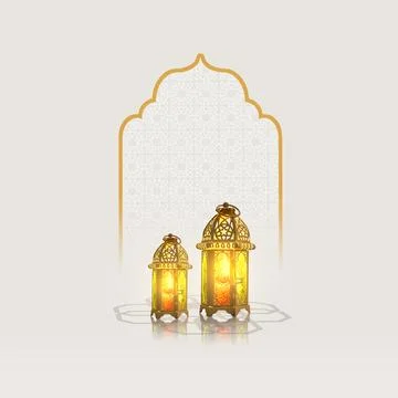 A minimalist Ramadan Kareem background featuring two beautifully lit 3D Ara.. Stock Illustration