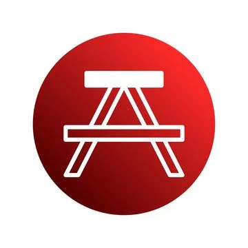 Minimalist red circle background featuring a white picnic table icon for ou.. Stock Illustration