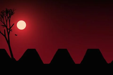 Minimalist red sunset silhouette with bare tree and geometrical structures .. Stock Illustration