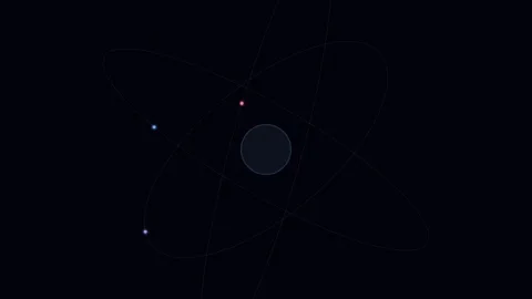 Minimalist representation of an atom structure against a black background Stockbeeldmateriaal 338310009