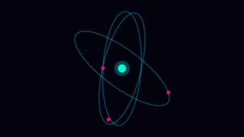 Minimalist representation of an atom structure with glowing orbital rings Видео 338310711