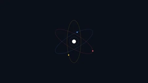 Minimalist representation of an atom structure with orbiting particles Video stock 338310543