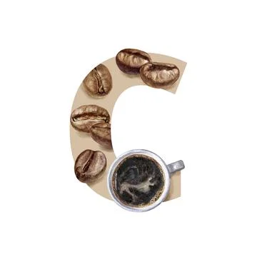 A minimalist representation of the letter C using watercolor coffee beans and a Stock-Illustration