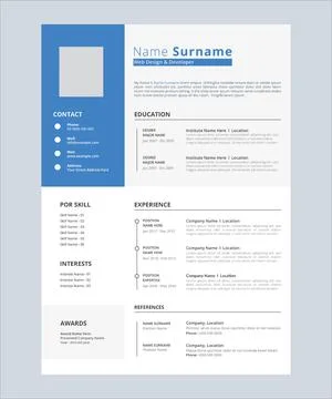 Minimalist resume cv template design with blue and white color Stock Illustration