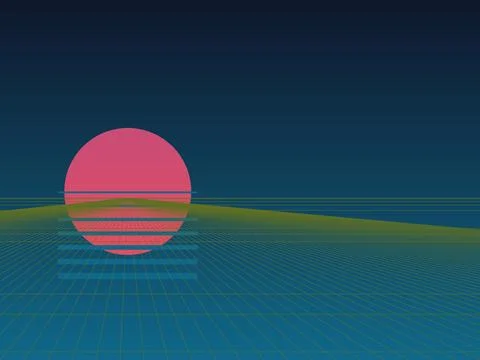 Minimalist Retro 80s Synthwave Background with Pink Sun and Perspective Gri.. Stock Illustration