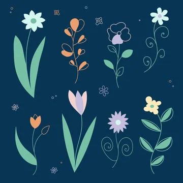 Minimalist retro vector flower set on dark background Stock Illustration