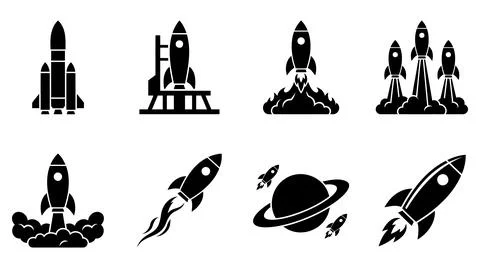 Minimalist rocket launch and space exploration black silhouette icon set Stock Illustration