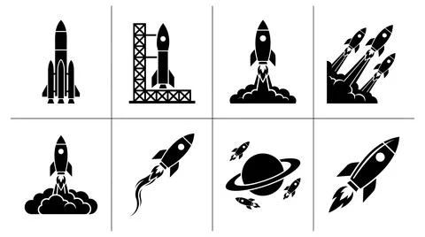 Minimalist rocket launch space exploration icon set collection vector art Stock Illustration
