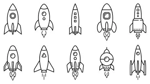 Minimalist rocket ship icon collection line art vector set 库存插图