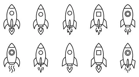 Minimalist rocket ship icon set linear design collection for digital projects Stock Illustration
