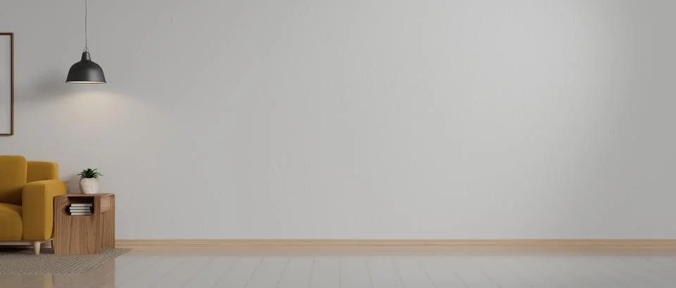Minimalist room with empty white wall and yellow sofa with table on tile fl.. Stock Illustration