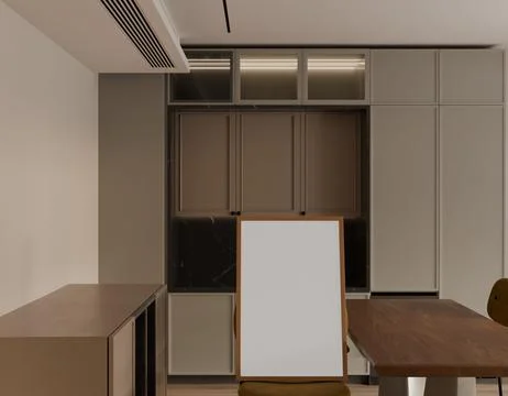 A minimalist room features a built-in storage unit with muted green and bro.. Stock Photos