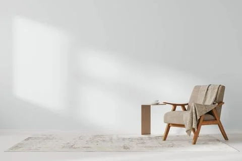 Minimalist room interior with empty white wall, wooden armchair with coffe... Stock Photos