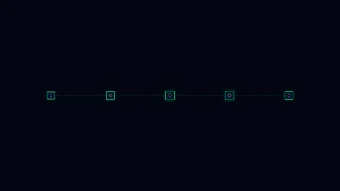 Minimalist row of five glowing blue pixel art square icons on black backgroun Stock Footage 338311403