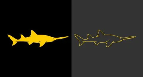 Minimalist sawfish icon shown in solid and contour line styles with fish icon Stock Illustration