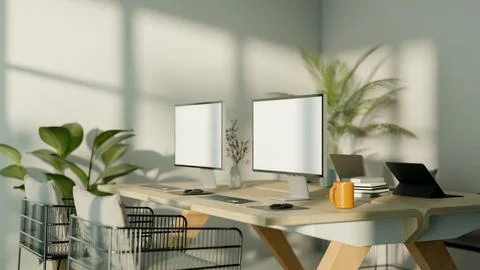 A minimalist Scandinavian office featuring computers on a wooden table with.. 스톡 일러스트