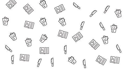 Minimalist seamless pattern featuring book, bucket, and knife line art icon.. Stock Illustration