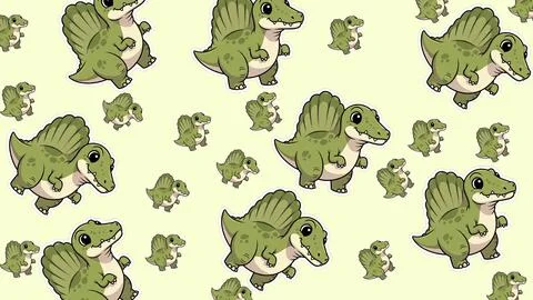 Minimalist seamless pattern featuring cute cartoon spinosaurus dinosaurs in.. イラスト素材