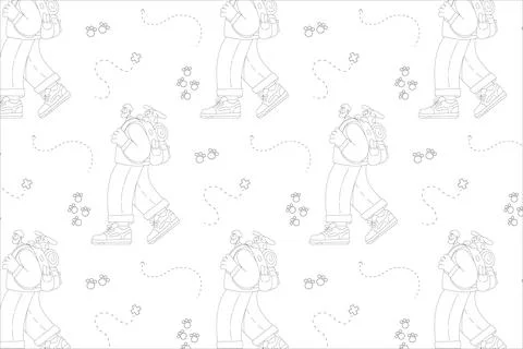 Minimalist seamless pattern, outlined hiker, dog paw prints, dotted travel paths Illustrazione stock