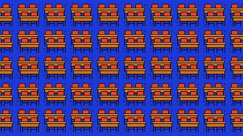 Minimalist seamless pattern of school desks and chairs on blue background f.. Stock Illustration