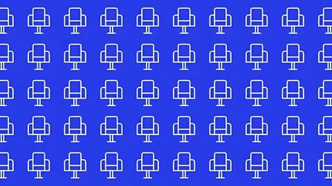 Minimalist seamless pattern of white office chair line icons on a vibrant b.. Stock Illustration